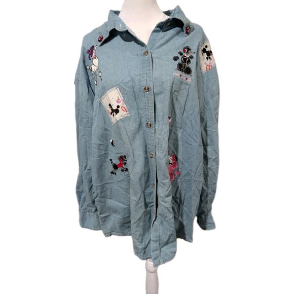 Sierra Pacific Tops - Sierra Pacific Women's Plus Size 2XL XXL Denim Shirt Poodle Dog Embroidered EUC